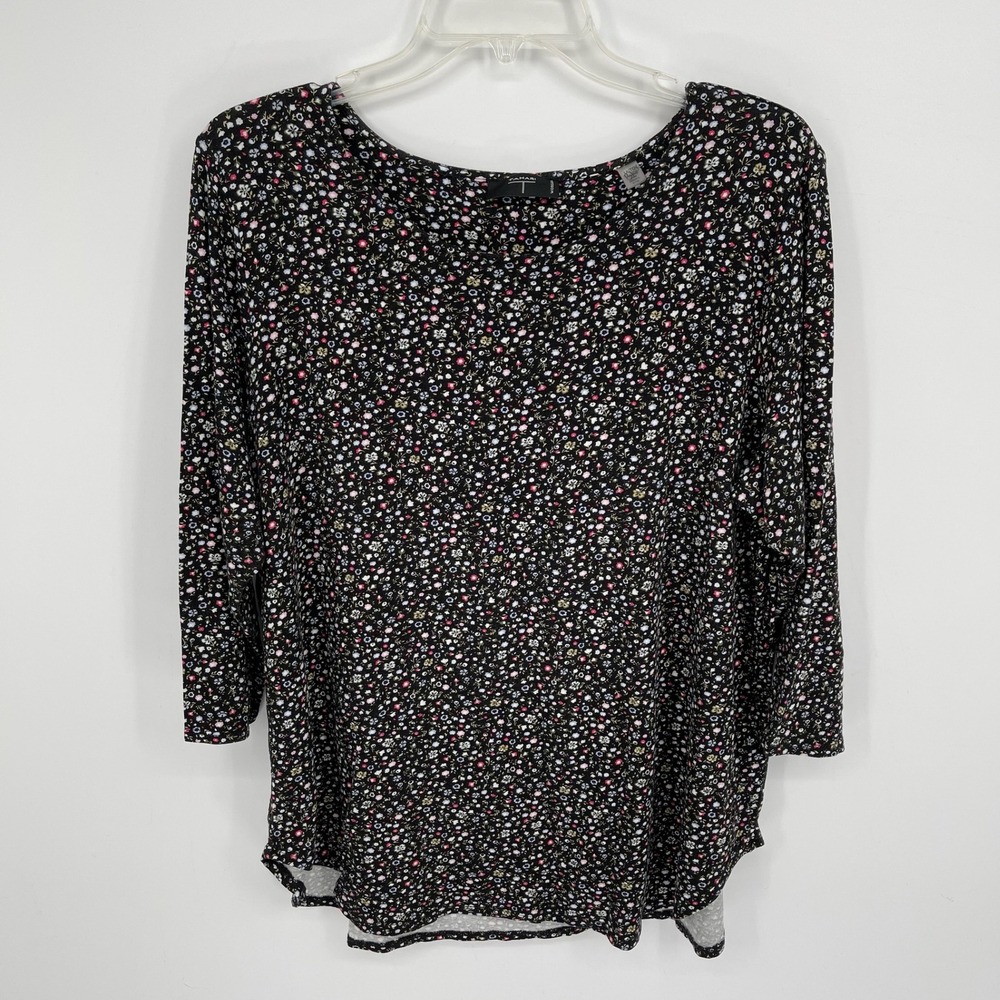 Tahari Women's Black Ditsy Floral Print 3/4 Sleeve Knit Top Blouse Plus Size 1X